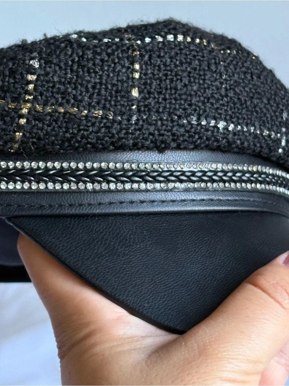 Y2K Juicy Couture Black Tweed Newsboy Cap with Faux Leather Visor